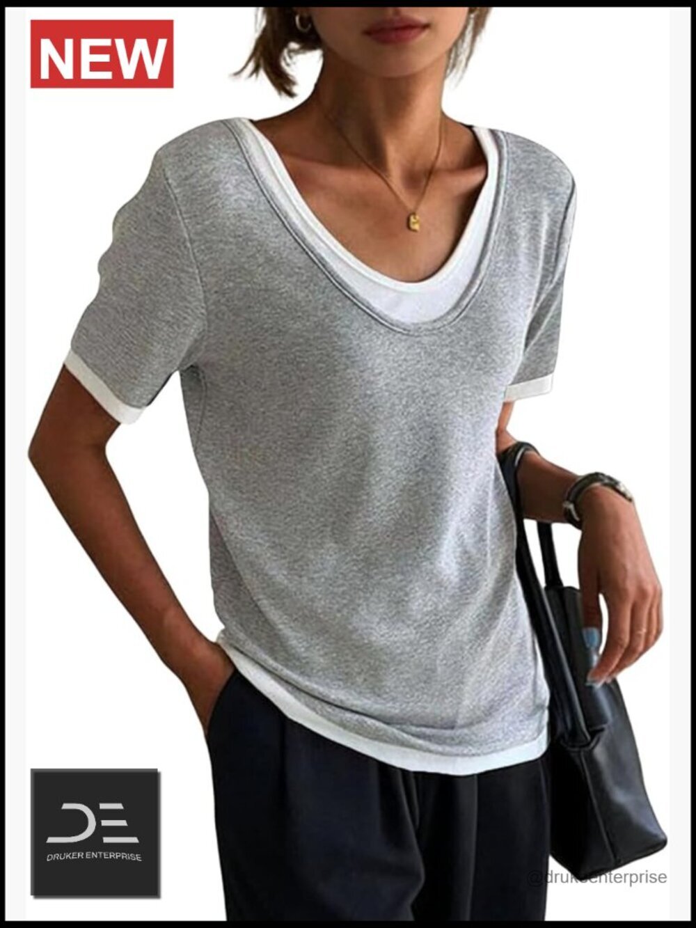 Twofer Layered Deep V Neck Short Sleeve T Shirts Basic Tees